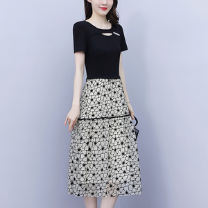 RM1450#大码女装2023年夏季新款韩版气质胖mm修身显瘦假两件过膝裙子