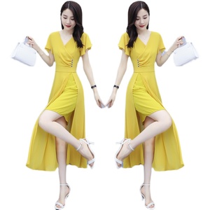 RM9379#胖mm大码雪纺连衣裙2021春夏新款韩版修身显瘦开叉气质长裙