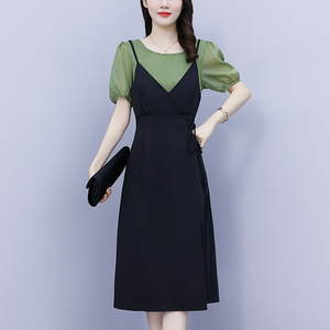 RM1452#夏季新款胖mm遮肉显瘦假两件圆领短袖裙摆开叉洋气连衣裙