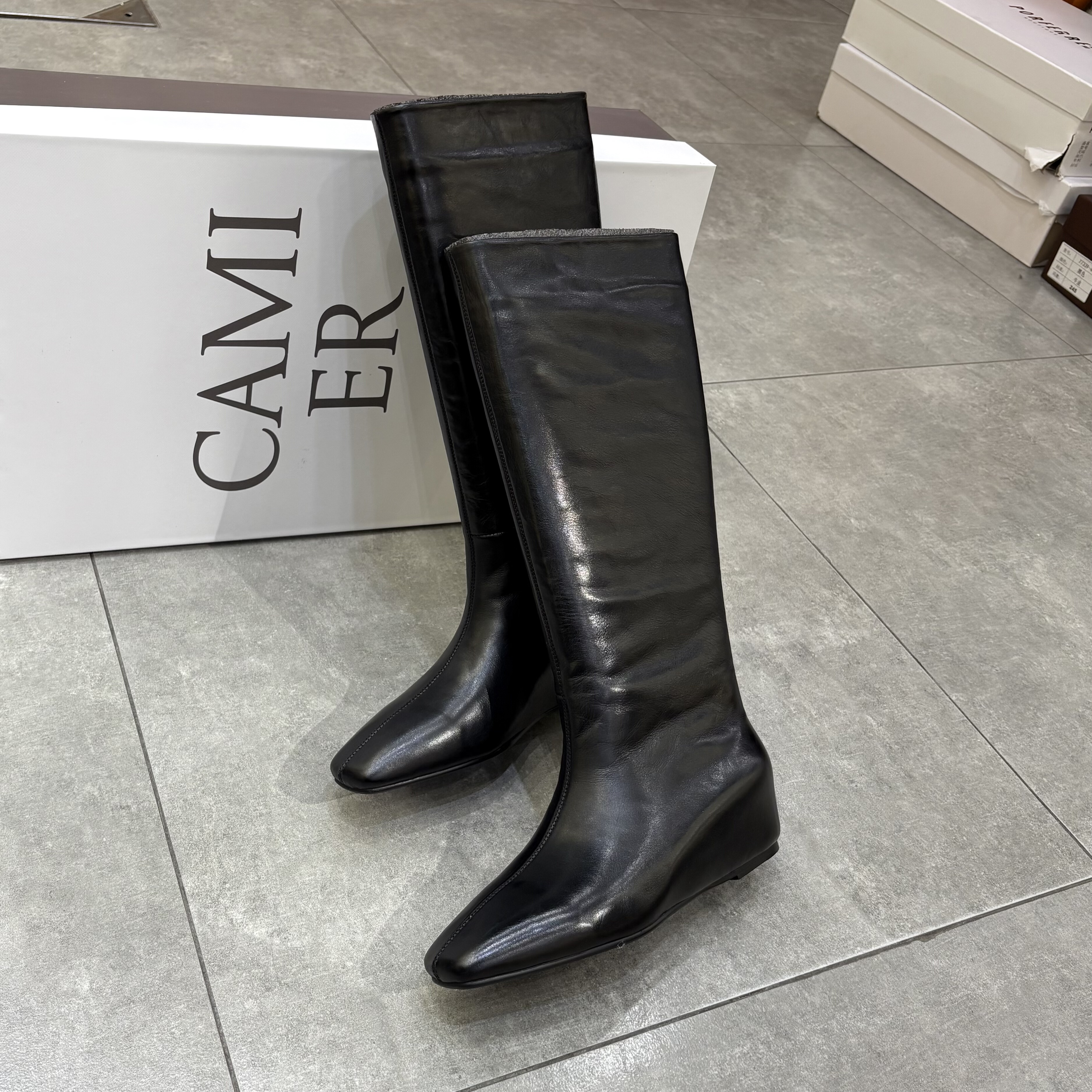 2025新款爆款植柔牛皮方头内增高套筒加绒骑士长筒靴女不过膝靴