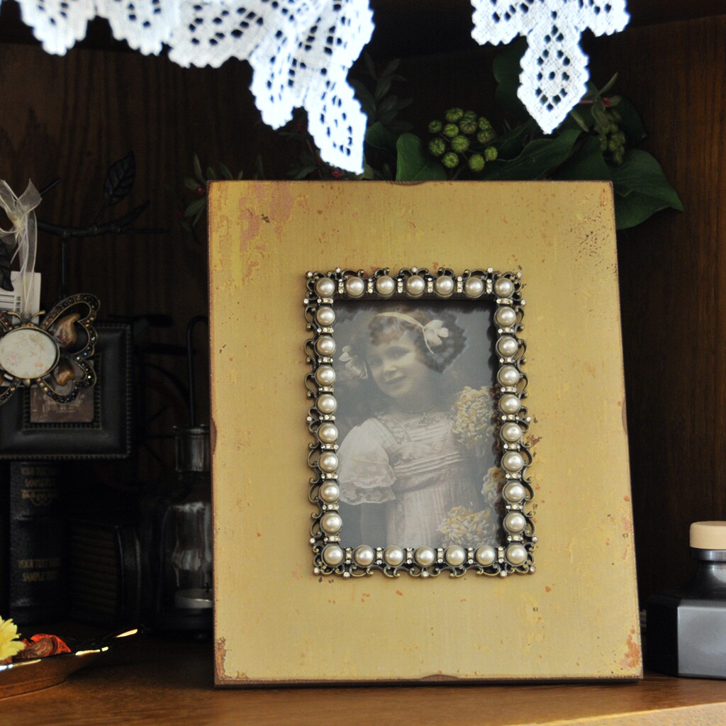塔莎奶奶美式法式乡村仿古珍珠镶嵌黄色相框 家居摆设 摆台 礼品