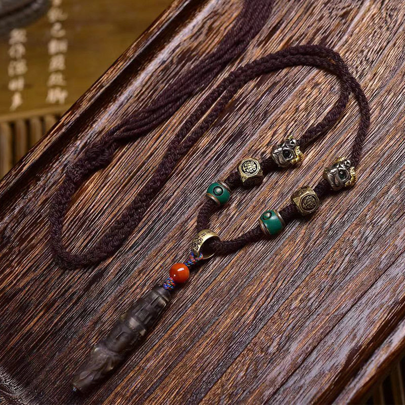 天然美玛瑙药师佛头天珠吊坠毛衣链藏式可调节挂脖手工编织绳项链