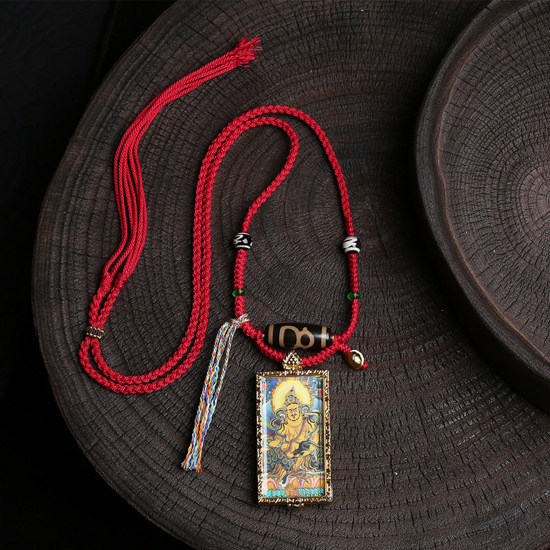 藏式文玩黄财神唐卡佛牌吊坠毛衣链手工编织手搓绳本命年红绳项链