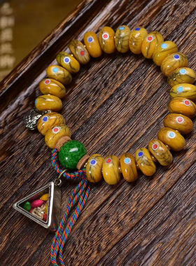藏传回流多宝镶嵌药片珠手串单圈猫眼石琉璃配饰牦牛骨文玩手链