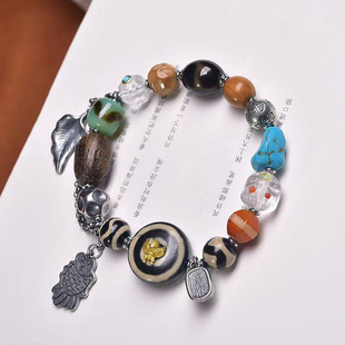 天然玛瑙多宝手链女羊板眼镶嵌天珠虎牙天珠琉璃阿呆沉香配饰手串