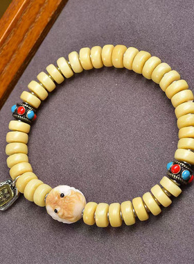 藏传回流骨盘珠文玩手串单圈藏式复古三七银玛瑙根付貔貅配饰手链