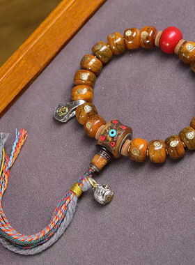 藏传回流牦牛骨手串单圈藏式文玩佛珠复古老铜万字镶嵌桶珠手链