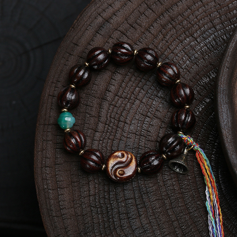 天然老玛瑙瓜珠手串单圈回流骨八卦铜铃铛恶僧贵人天珠配饰文玩