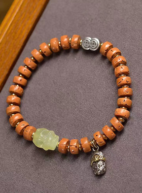 天然桃核药片珠手串单圈藏式文玩佛珠岫玉骷髅配饰男女复古手链