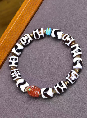 天然玛瑙天珠多宝手串单圈藏式文玩佛珠虎牙富甲宝瓶坛城三眼天珠