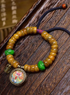 藏传回流大肠手串单圈狐狸小唐卡吊坠铜卡子配饰可调节文玩手链