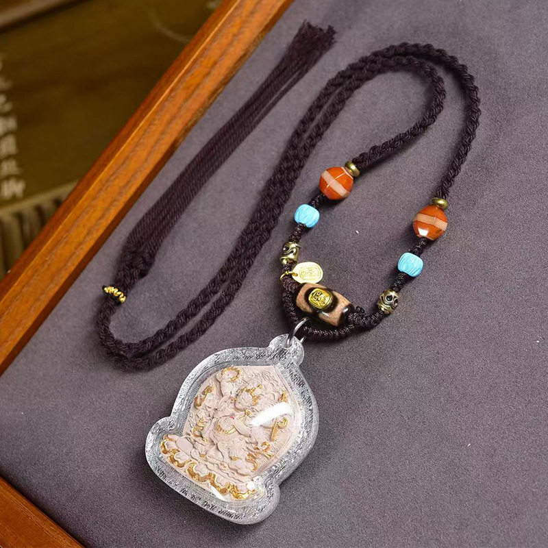 藏传香灰擦擦六臂大黑天吊坠毛衣链线珠三眼天珠手工编织绳项链