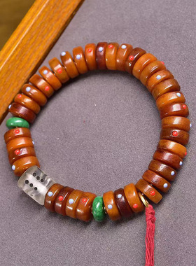 藏传回流牦牛骨盘珠手串单圈藏式文玩佛珠料器骰子骨三通配饰手链