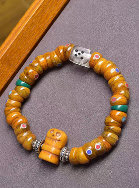 藏传回流牦牛骨大肠珠手串单圈藏式文玩佛珠三七银配饰复古手链