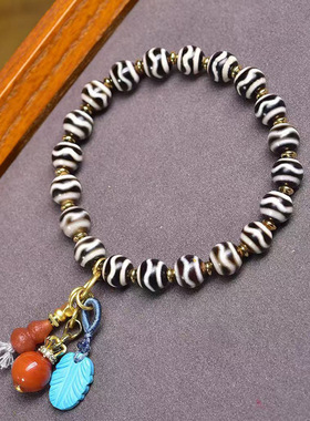 天然玛瑙水纹天珠手串单圈琉璃宝瓶松石叶子配饰文玩佛珠复古手链