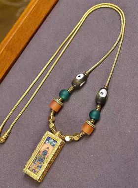 藏式文玩手绘小唐卡大势至菩萨吊坠斗战胜佛挂坠扎基拉姆活扣项链