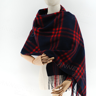 日单新款正品 羊毛羊绒混纺大围巾披肩  黑蓝红格