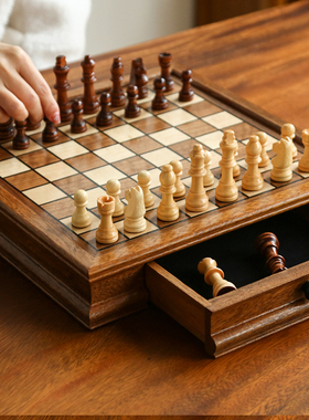 国际象棋木质磁性套装抽屉款高档胡桃木实木沙比利棋盒chess收藏