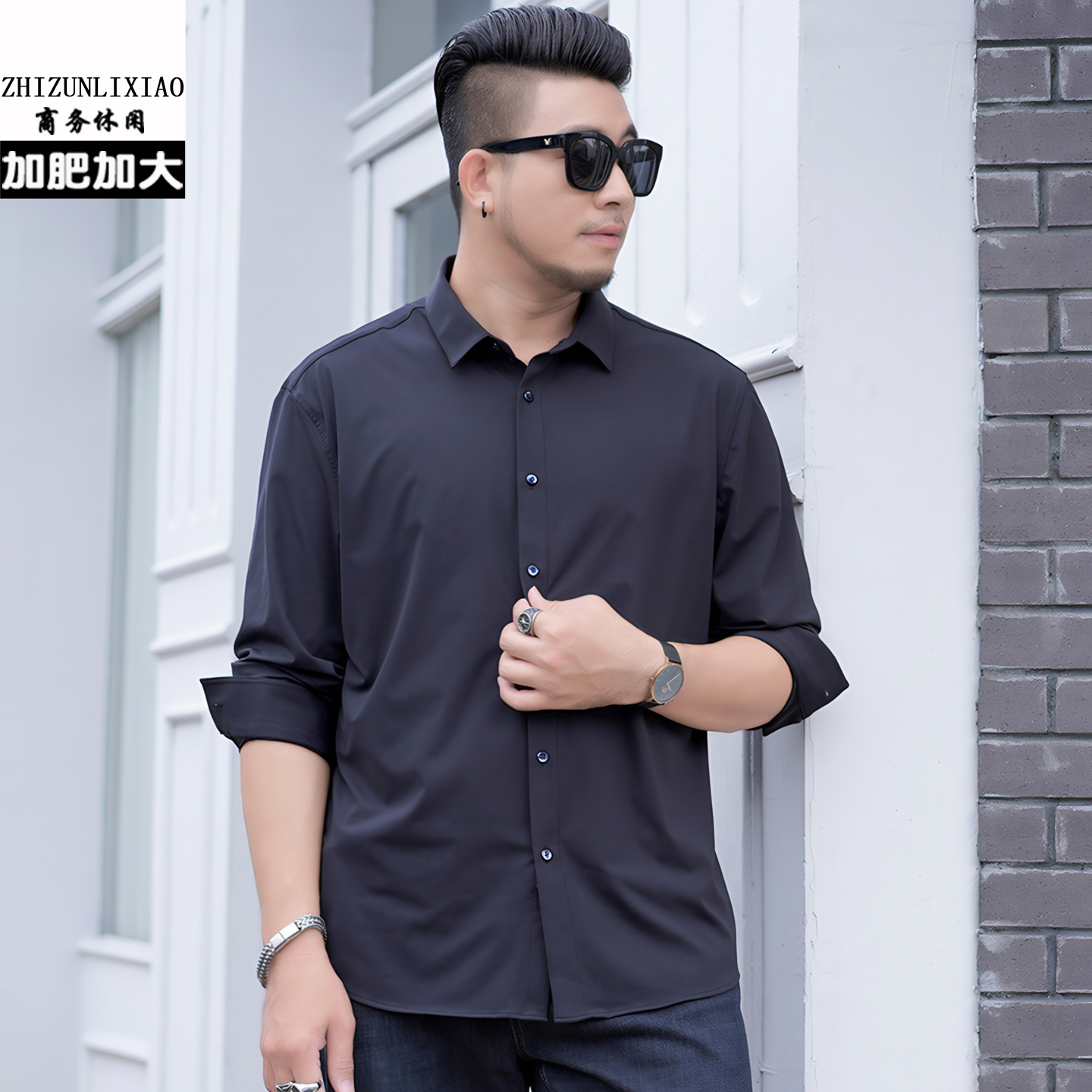 男士长袖工装白色衬衫