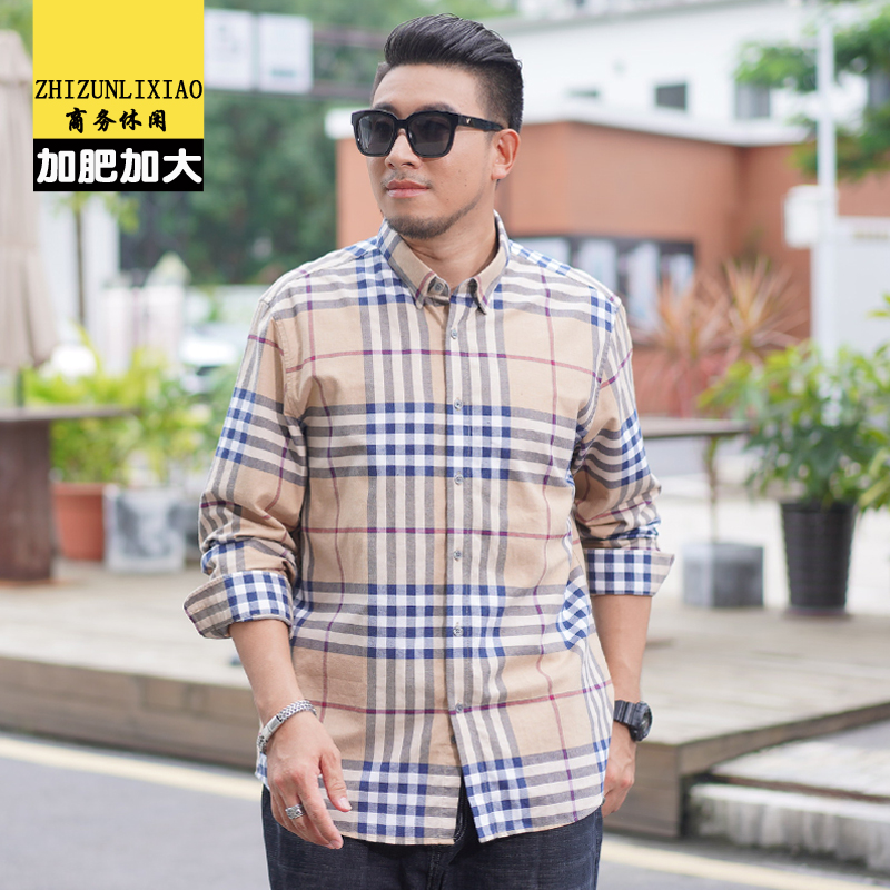 秋装宽松加肥加大码长袖衬衫男式休闲潮流纯棉格子衫胖子肥佬衬衣