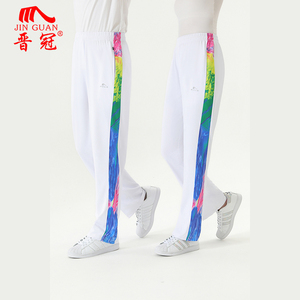 晋冠新款高腰直筒薄款白色印花彩条运动裤广场舞健身操团体裤比赛