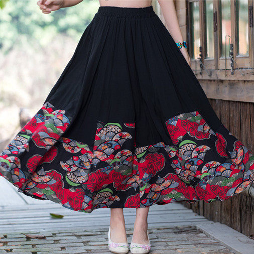 2019春秋季新款民族风女装长裙大摆裙复古棉麻印花双层拼接半身裙|ruв категории Женская одежда, юбка - от Buy2taobao.com для оказания профессиональной услуги покупки агента Taobao