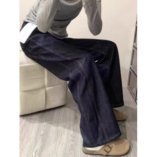 子 复古深蓝色阔腿牛仔裤 女2024新款 日系风秋冬大码 高腰直筒拖地裤