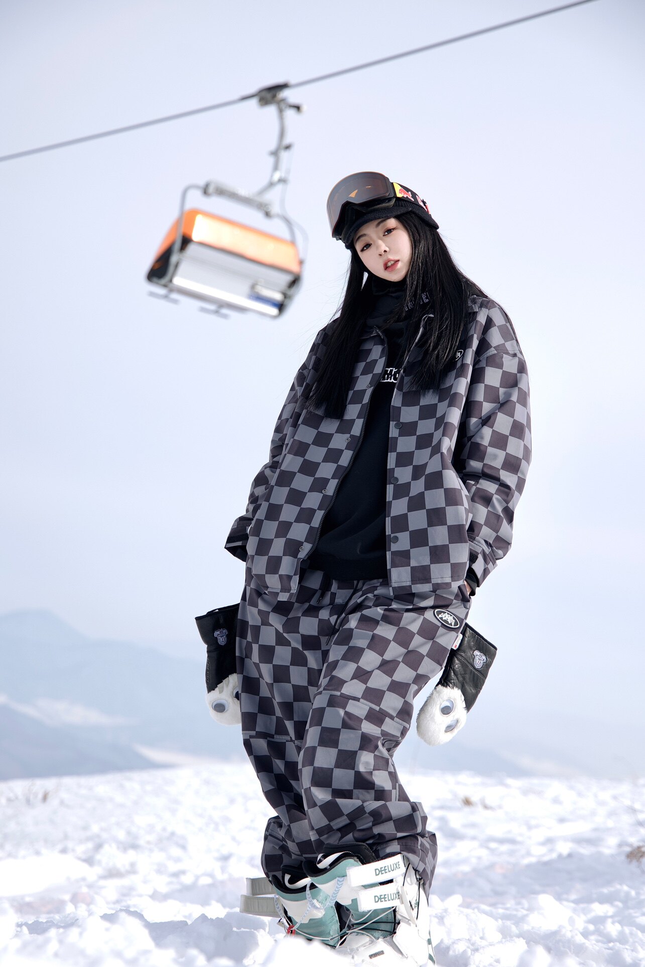 SKIMOTO原创国潮新款滑雪套装时尚黑棋士棋盘格子嘻哈宽松滑雪裤