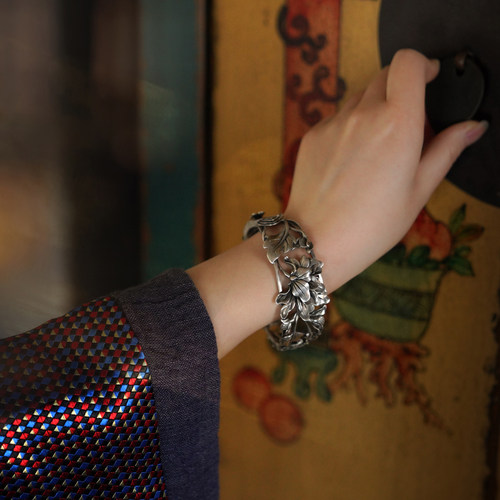 《玉堂富贵》九九倾城原创/牡丹玉兰海棠国风仿老银990足银手镯女