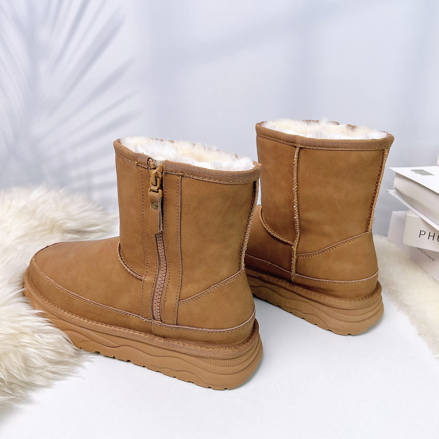 侧拉链雪地靴男款加绒加厚中筒靴