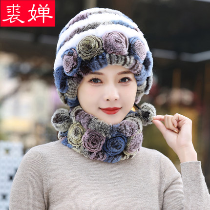 獭兔毛皮草帽子围巾两件套女冬季韩版妈妈休闲百搭中老年加厚保暖