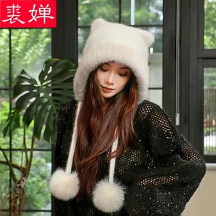 水貂毛皮草帽子女秋冬季甜美可爱加绒保暖显脸小狐狸毛针织毛线帽