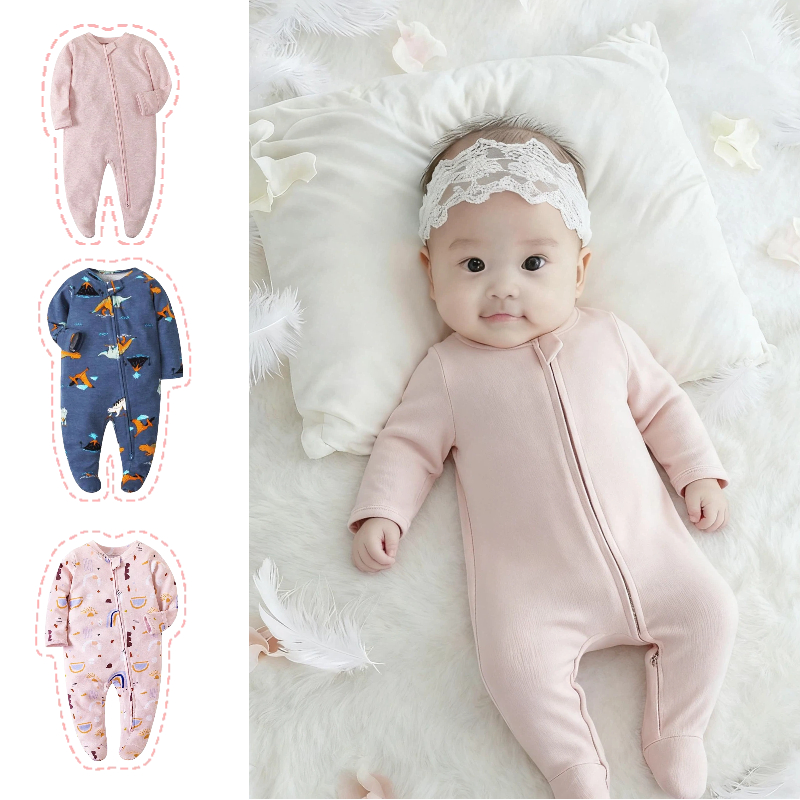 婴儿连体衣长袖拉链包屁哈衣爬服包脚睡衣婴幼儿衣服夏款空调服