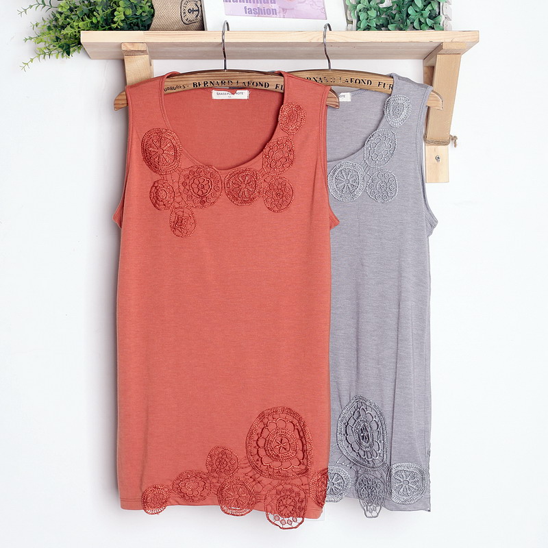 欧美单大码女装 夏装新款 立体勾花纯色中长款背心打底衫胖MM