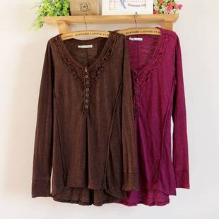 包邮 欧美大码女春夏装长新款V领纯色打底衫长袖T恤1