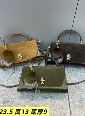 磨砂皮手提锁扣女包2026新款小众麂皮洋气质感深色韩版斜挎小方包