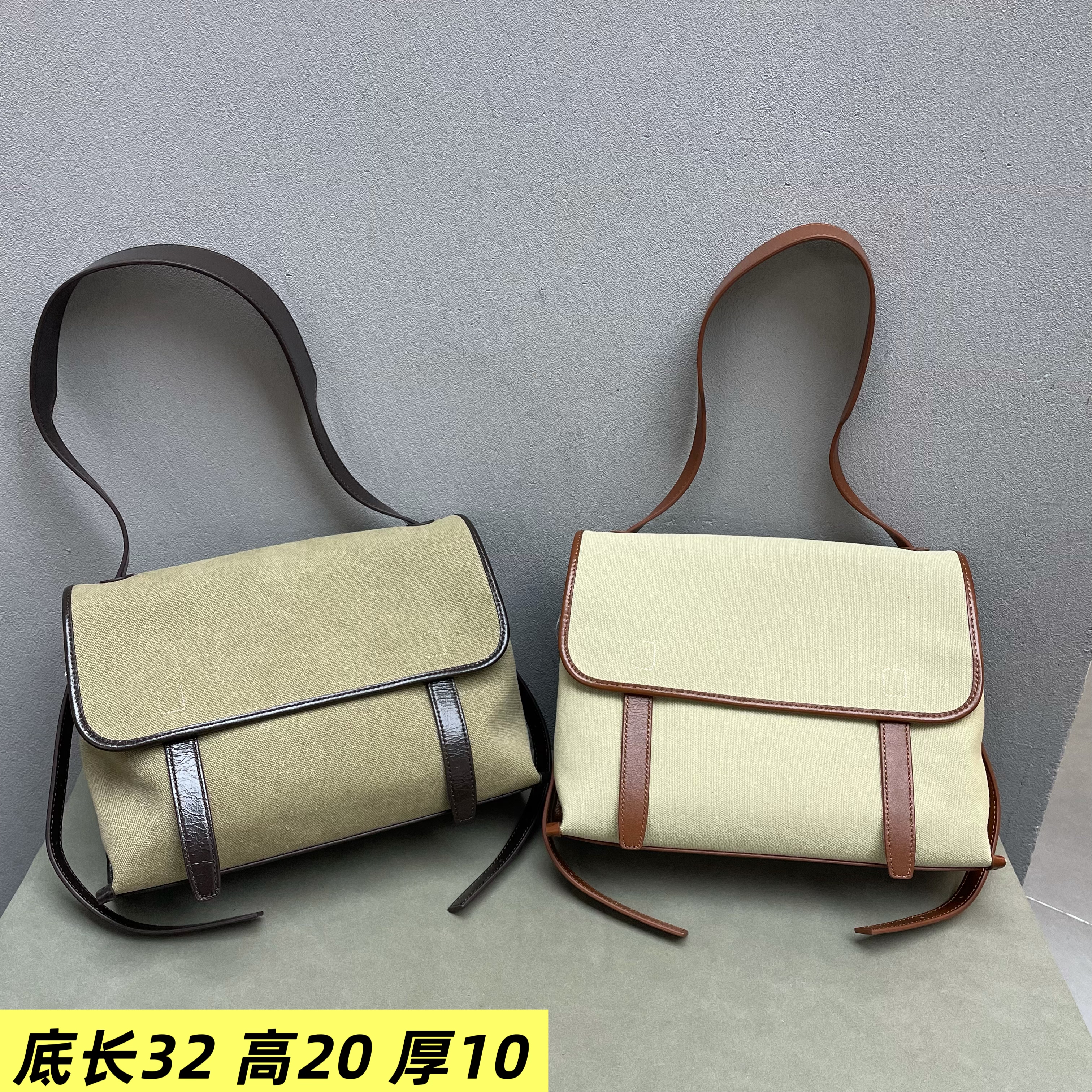 棉麻拼接邮差牛皮女包2025新款洋气浅色纯色大气真皮软单肩斜挎包