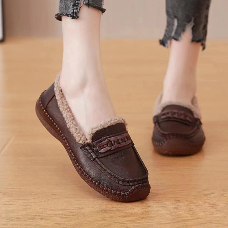 真皮加绒保暖棉鞋女冬季平底一脚蹬豆豆鞋乐福鞋中老年妈妈鞋,女鞋,棉鞋,淘宝优惠券,粉丝福利购,淘宝优惠卷