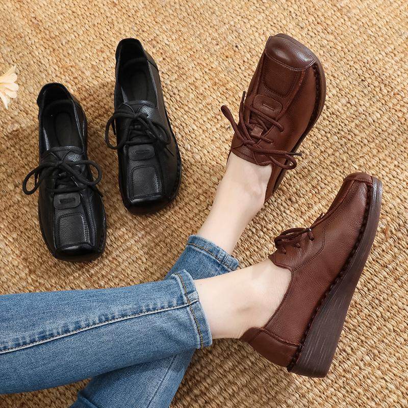 真皮软底妈妈鞋手工复古女鞋舒适坡跟软皮鞋秋季新款单鞋老人皮鞋
