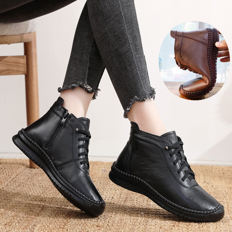 真皮短靴女秋冬季软底软皮妈妈鞋加绒保暖休闲舒适平底防滑马丁靴,女鞋,马丁靴,淘宝优惠券,粉丝福利购,淘宝优惠卷