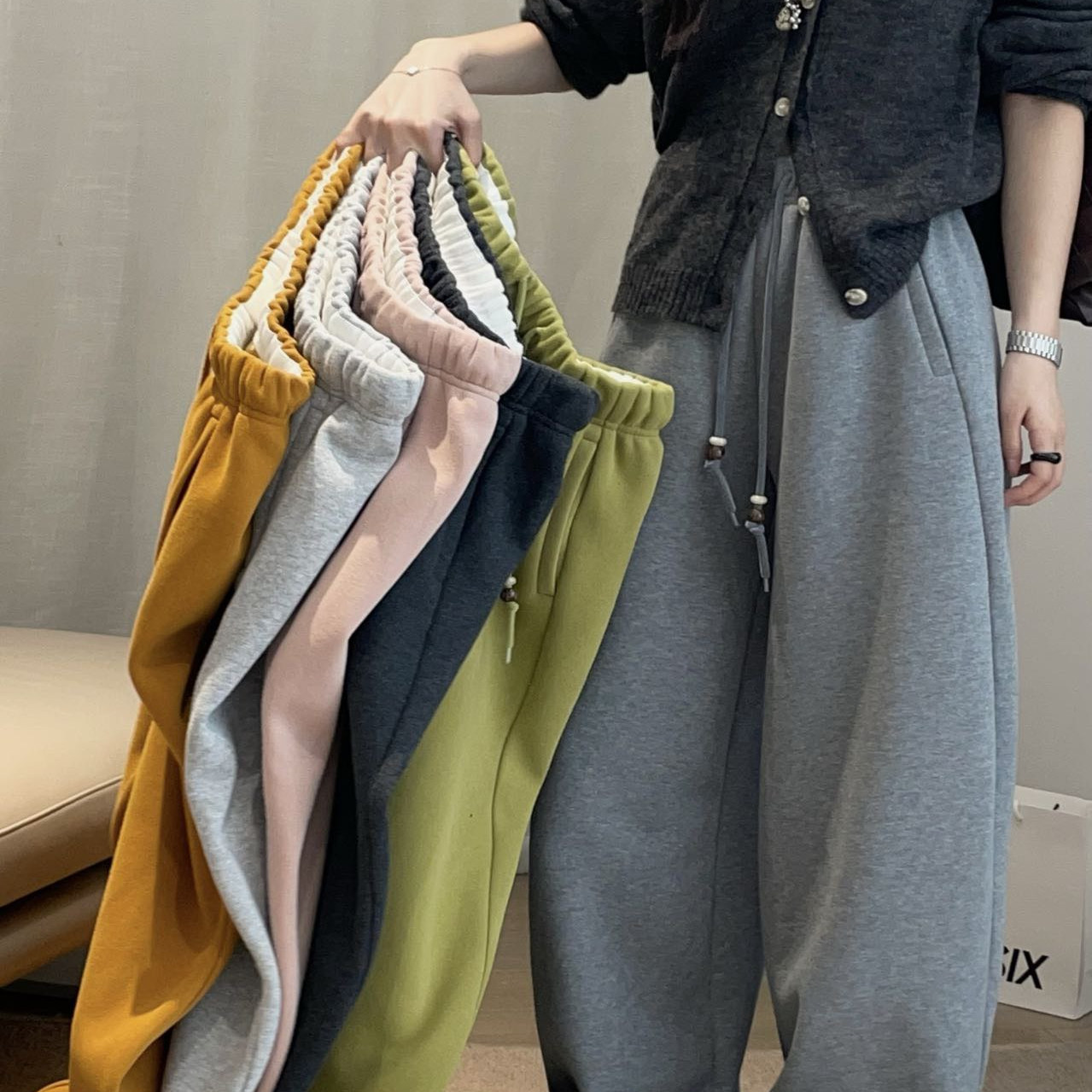 松紧束脚抽绳刺绣直筒阔腿裤