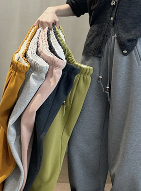 左维8560zuowooon加绒卫裤女2025秋冬松紧束脚抽绳刺绣直筒阔腿裤