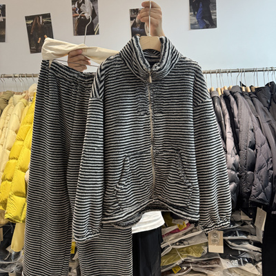 珊瑚绒条纹睡衣套装女加厚家居服