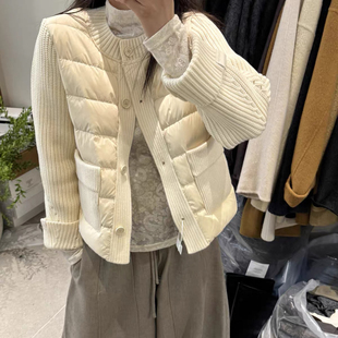 欧货1706冬装2026韩版宽松圆领针织袖拼接白鹅绒短款羽绒服外套女