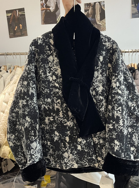 欧货JINMANSHA5218高级感V领围巾提花羽绒服女中长款花色保暖外套