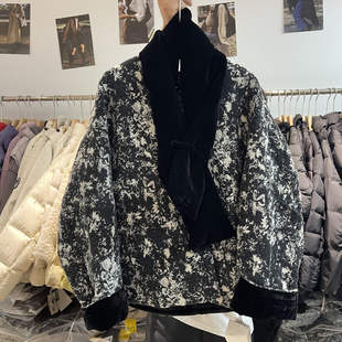 欧货JINMANSHA5218高级感V领围巾提花羽绒服女中长款花色保暖外套