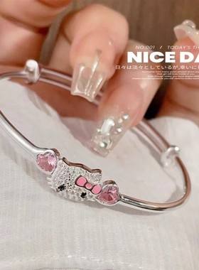 足银999镶奥地利水钻KT猫手镯推拉实心镯子可爱学院风送女生闺蜜