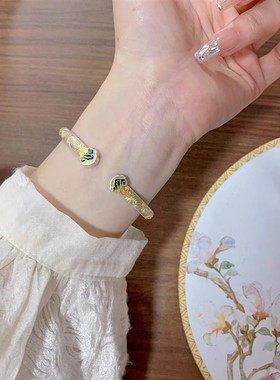 足银999描金珐琅吉言如意宝相花卷草纹方镯纯银手镯女新中式银镯