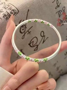足银999梅花闭口纯银手镯女新中式珐琅彩闭口银镯子年轻款