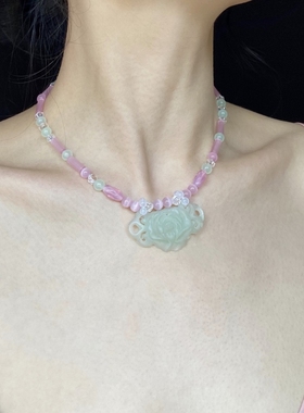 LYUMIN原创浮翠流丹新中式粉色猫眼石拼水晶自带仙气滤镜项链2023